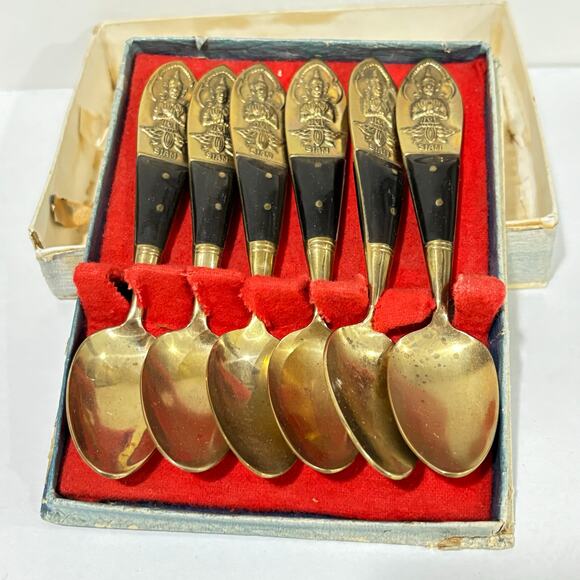 Thailand brass & teak spoons set cocktail espresso tea demitasse boxed set of 6 - Picture 2 of 9